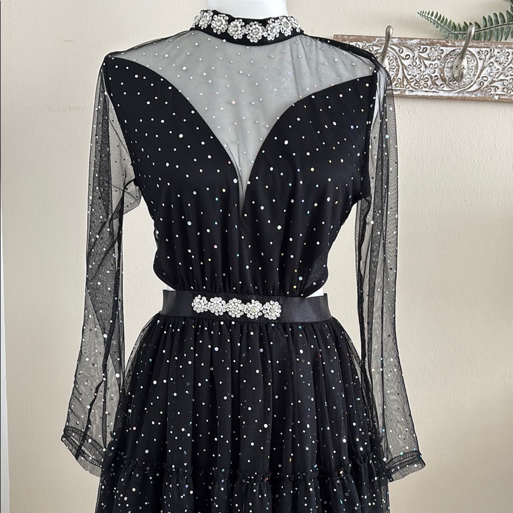 Elegant Black Sheer Sequin Dot Dress